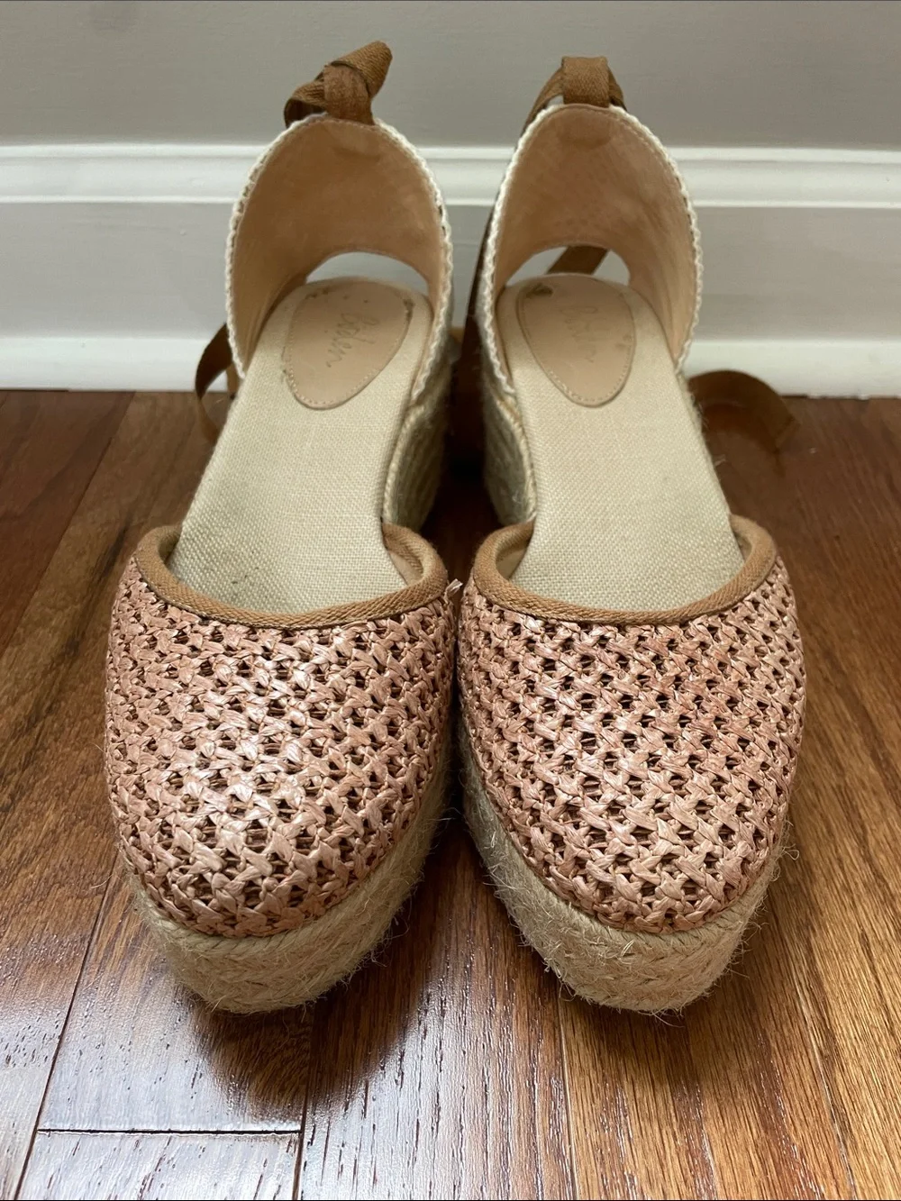 Boden Tan and Cream Woven Espadrille Wedge Ankle-Tie Sandals size 38/ 7.5 .